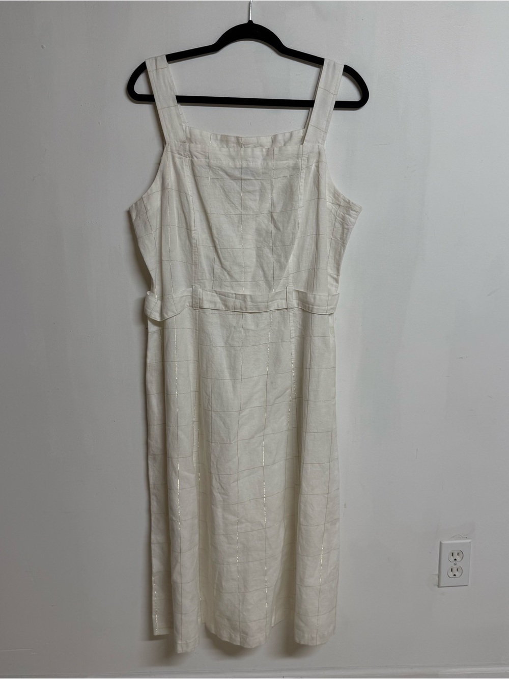 Liz Claiborne Linen-Cotton Blend Square Neck Metallic Grid Stripe Dress